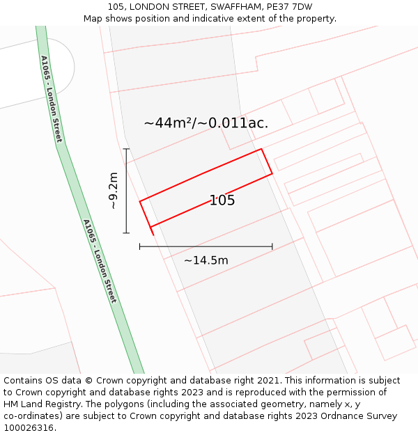 105, LONDON STREET, SWAFFHAM, PE37 7DW: Plot and title map