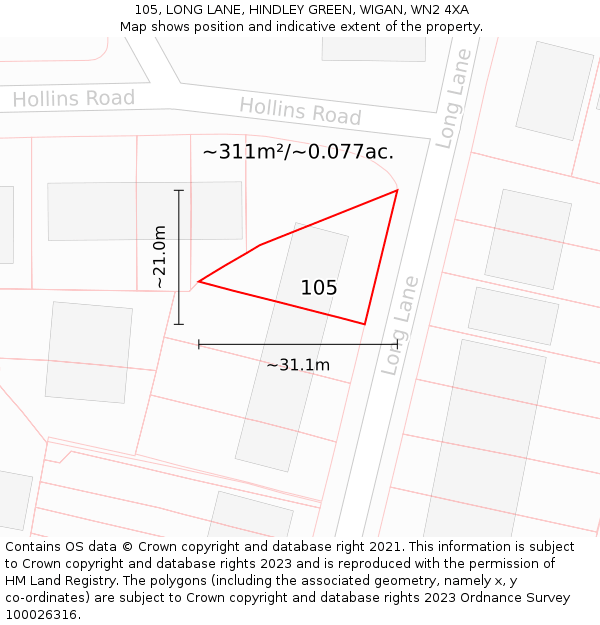 105, LONG LANE, HINDLEY GREEN, WIGAN, WN2 4XA: Plot and title map
