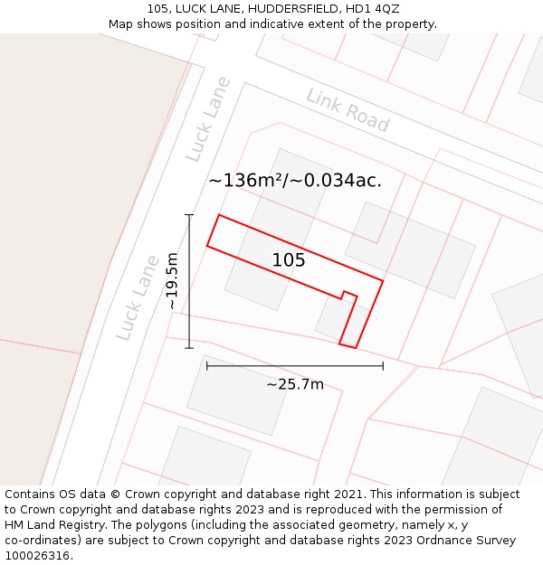 105, LUCK LANE, HUDDERSFIELD, HD1 4QZ: Plot and title map