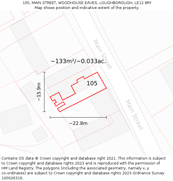 105, MAIN STREET, WOODHOUSE EAVES, LOUGHBOROUGH, LE12 8RY: Plot and title map