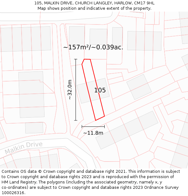 105, MALKIN DRIVE, CHURCH LANGLEY, HARLOW, CM17 9HL: Plot and title map
