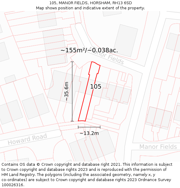 105, MANOR FIELDS, HORSHAM, RH13 6SD: Plot and title map