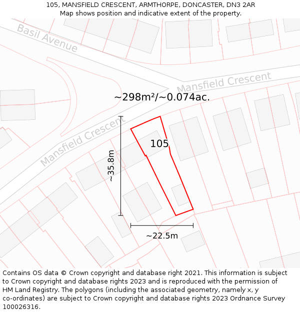 105, MANSFIELD CRESCENT, ARMTHORPE, DONCASTER, DN3 2AR: Plot and title map