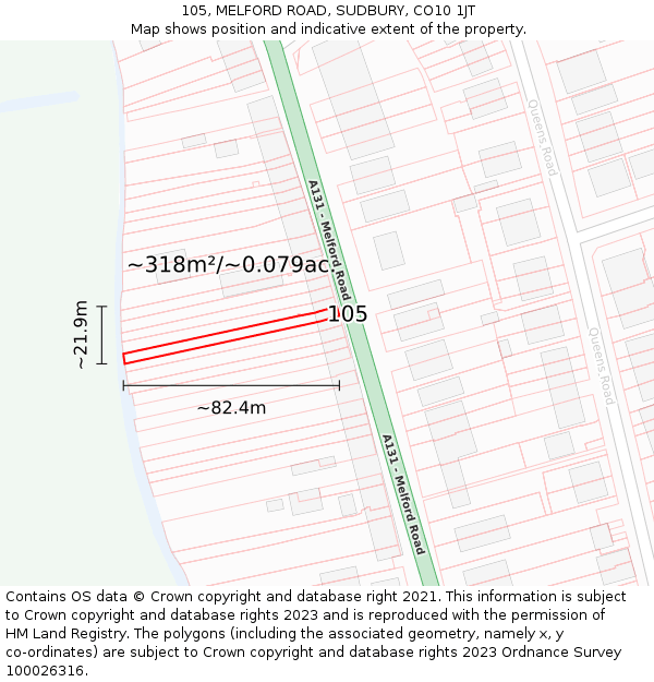105, MELFORD ROAD, SUDBURY, CO10 1JT: Plot and title map