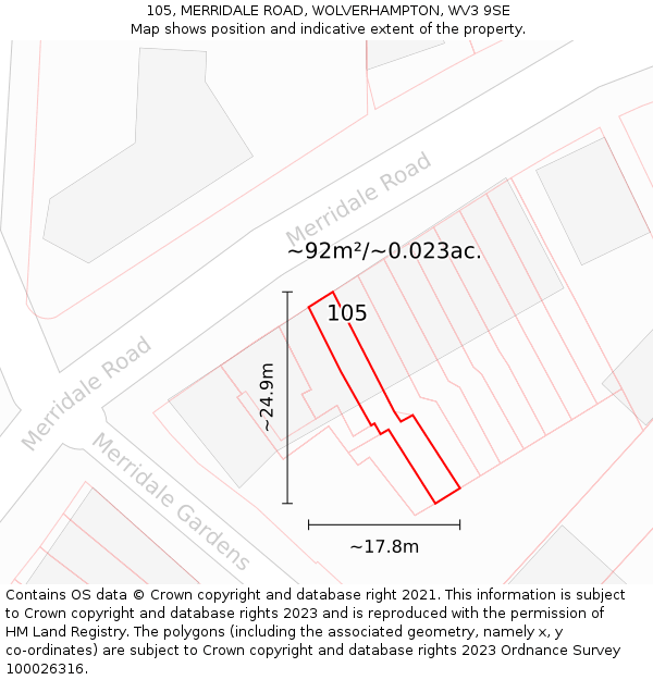 105, MERRIDALE ROAD, WOLVERHAMPTON, WV3 9SE: Plot and title map