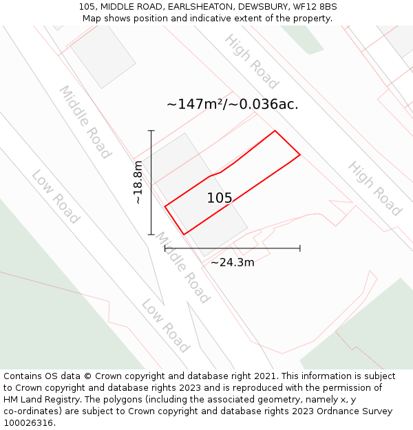 105, MIDDLE ROAD, EARLSHEATON, DEWSBURY, WF12 8BS: Plot and title map