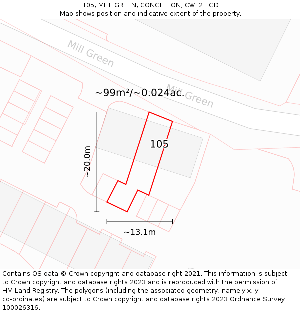 105, MILL GREEN, CONGLETON, CW12 1GD: Plot and title map