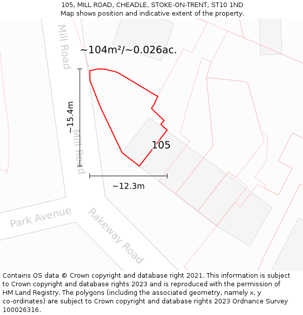 105, MILL ROAD, CHEADLE, STOKE-ON-TRENT, ST10 1ND: Plot and title map