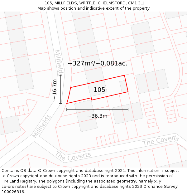 105, MILLFIELDS, WRITTLE, CHELMSFORD, CM1 3LJ: Plot and title map