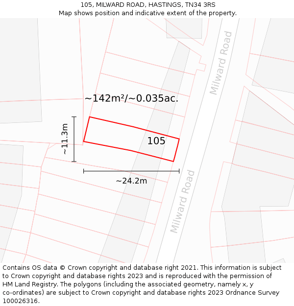 105, MILWARD ROAD, HASTINGS, TN34 3RS: Plot and title map