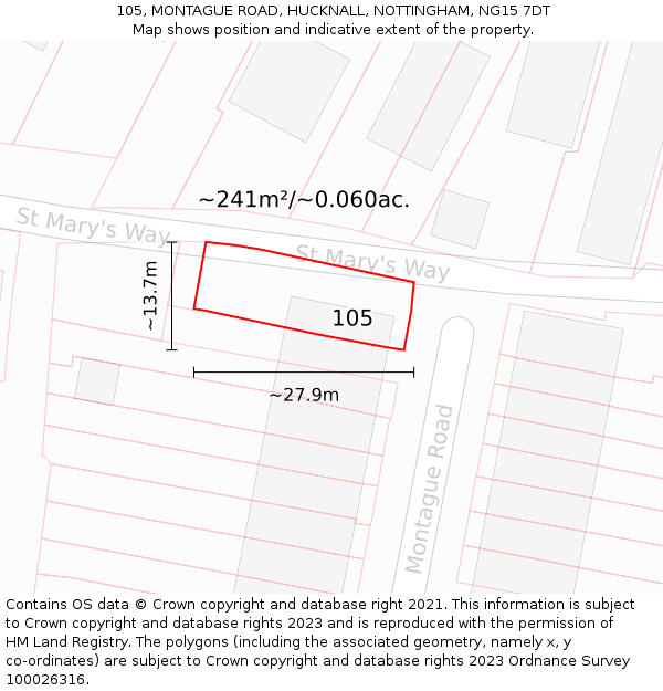 105, MONTAGUE ROAD, HUCKNALL, NOTTINGHAM, NG15 7DT: Plot and title map