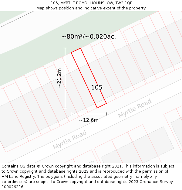 105, MYRTLE ROAD, HOUNSLOW, TW3 1QE: Plot and title map
