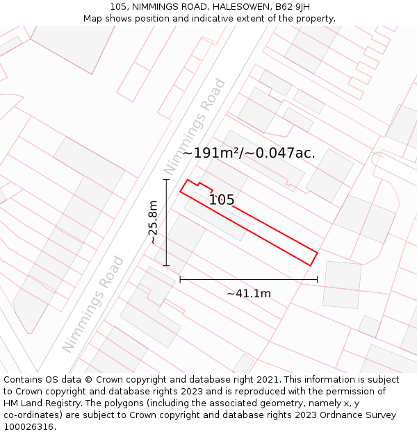 105, NIMMINGS ROAD, HALESOWEN, B62 9JH: Plot and title map
