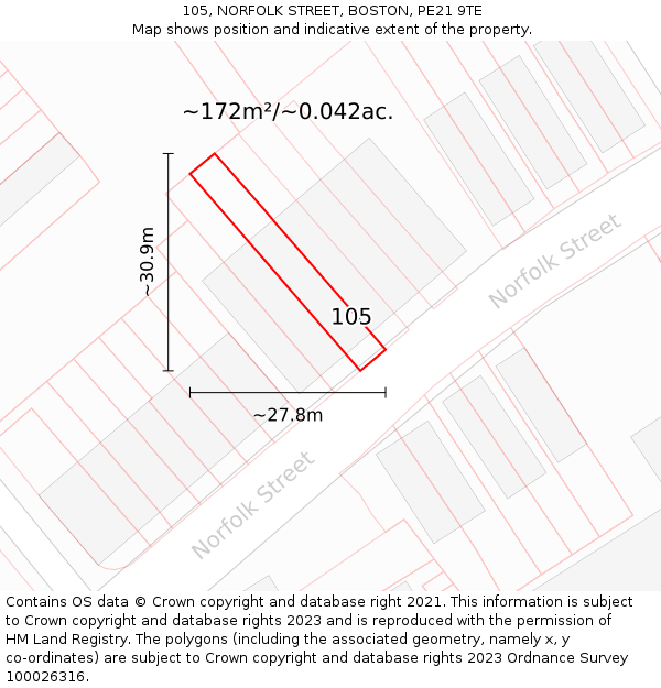 105, NORFOLK STREET, BOSTON, PE21 9TE: Plot and title map