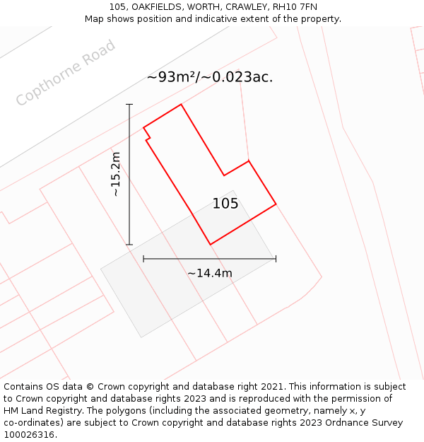 105, OAKFIELDS, WORTH, CRAWLEY, RH10 7FN: Plot and title map