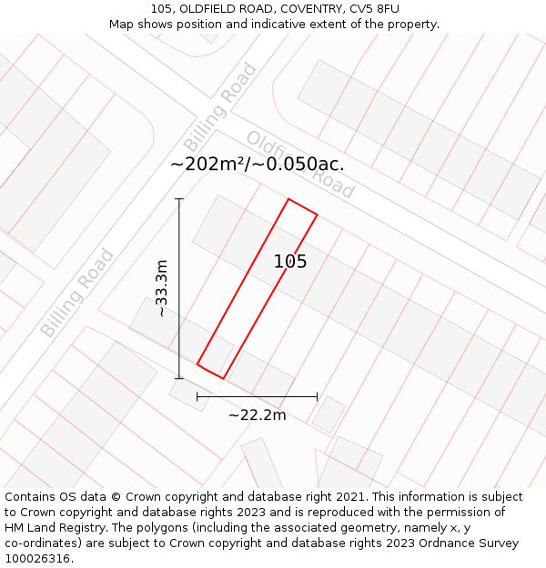 105, OLDFIELD ROAD, COVENTRY, CV5 8FU: Plot and title map