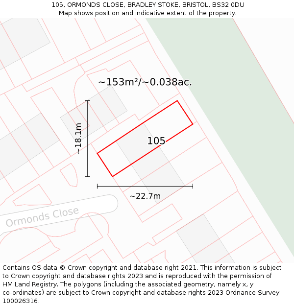 105, ORMONDS CLOSE, BRADLEY STOKE, BRISTOL, BS32 0DU: Plot and title map