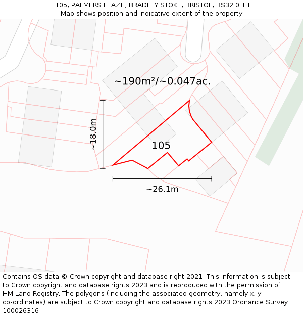 105, PALMERS LEAZE, BRADLEY STOKE, BRISTOL, BS32 0HH: Plot and title map