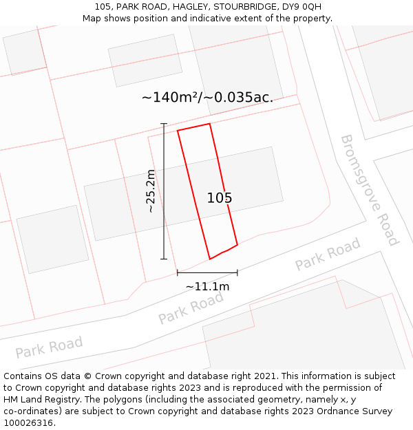 105, PARK ROAD, HAGLEY, STOURBRIDGE, DY9 0QH: Plot and title map