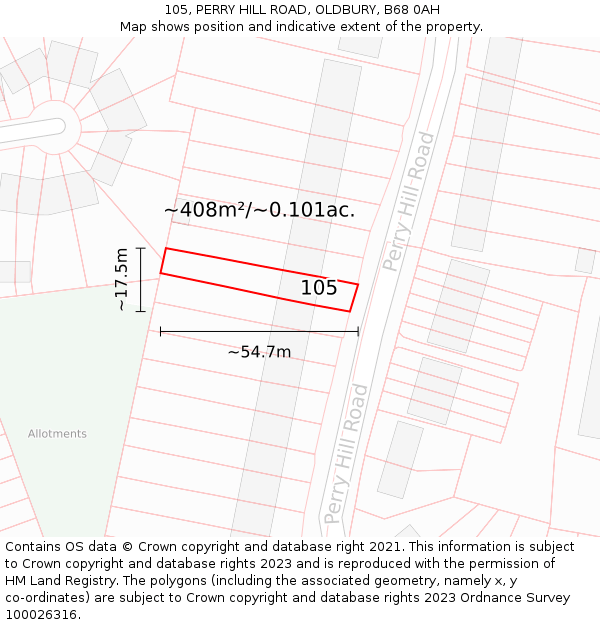 105, PERRY HILL ROAD, OLDBURY, B68 0AH: Plot and title map