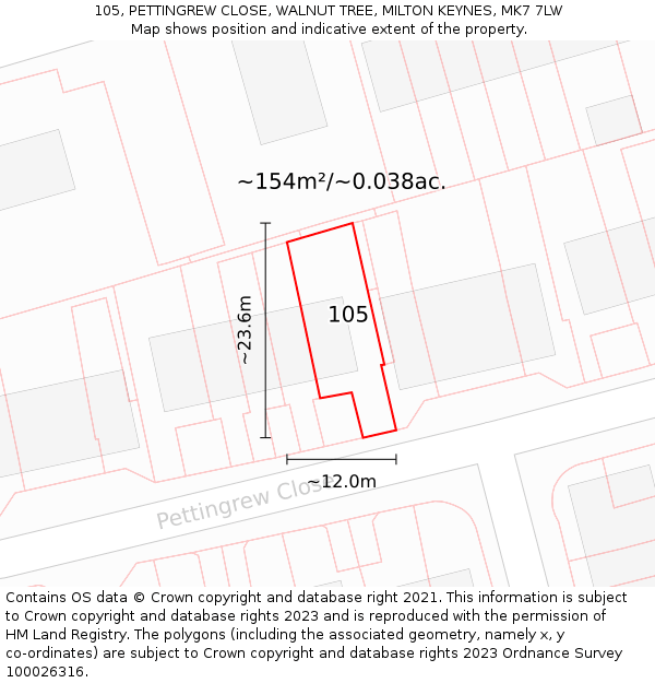 105, PETTINGREW CLOSE, WALNUT TREE, MILTON KEYNES, MK7 7LW: Plot and title map