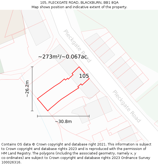 105, PLECKGATE ROAD, BLACKBURN, BB1 8QA: Plot and title map
