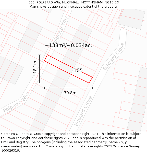 105, POLPERRO WAY, HUCKNALL, NOTTINGHAM, NG15 6JX: Plot and title map