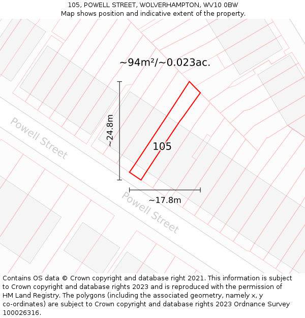 105, POWELL STREET, WOLVERHAMPTON, WV10 0BW: Plot and title map