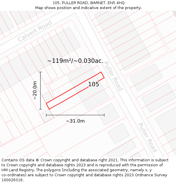 105, PULLER ROAD, BARNET, EN5 4HQ: Plot and title map