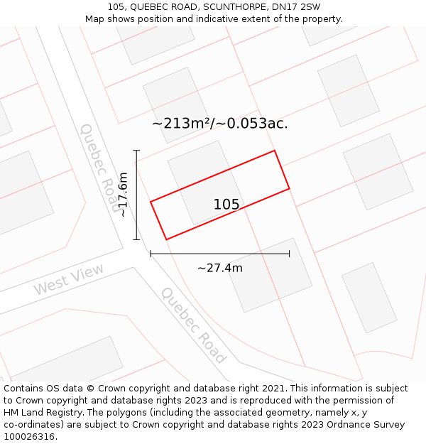 105, QUEBEC ROAD, SCUNTHORPE, DN17 2SW: Plot and title map