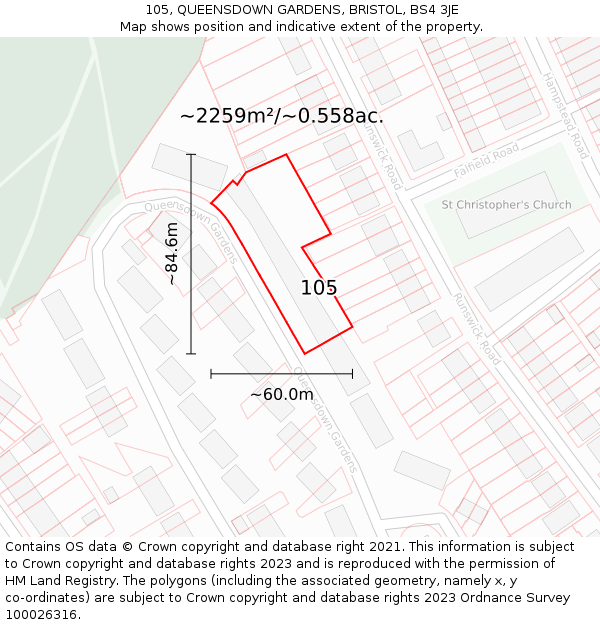 105, QUEENSDOWN GARDENS, BRISTOL, BS4 3JE: Plot and title map