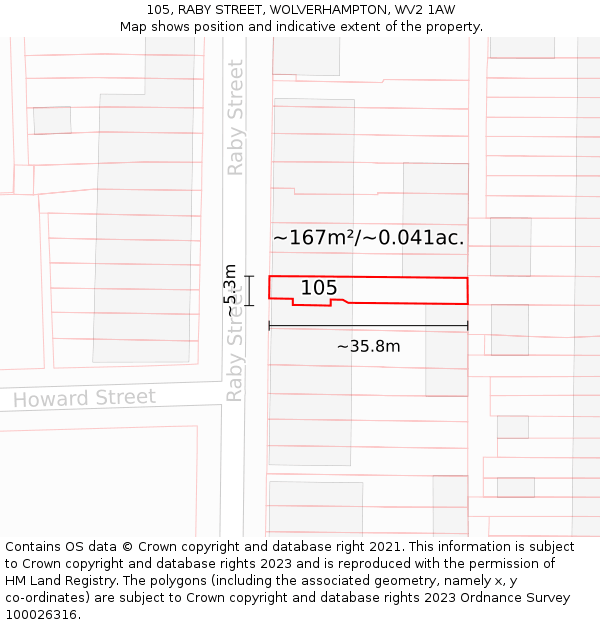 105, RABY STREET, WOLVERHAMPTON, WV2 1AW: Plot and title map