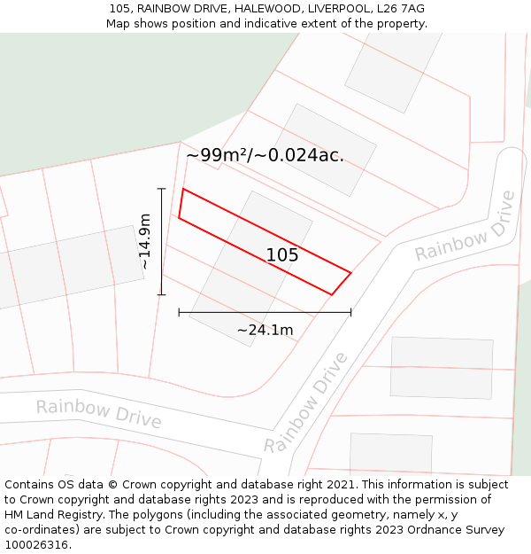 105, RAINBOW DRIVE, HALEWOOD, LIVERPOOL, L26 7AG: Plot and title map