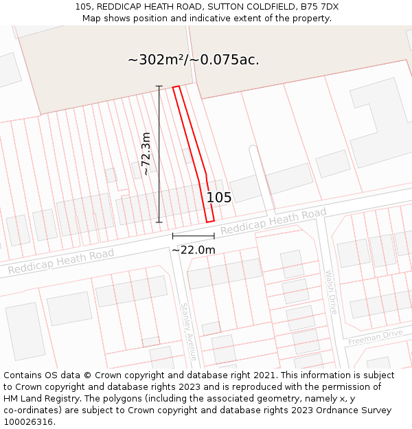 105, REDDICAP HEATH ROAD, SUTTON COLDFIELD, B75 7DX: Plot and title map