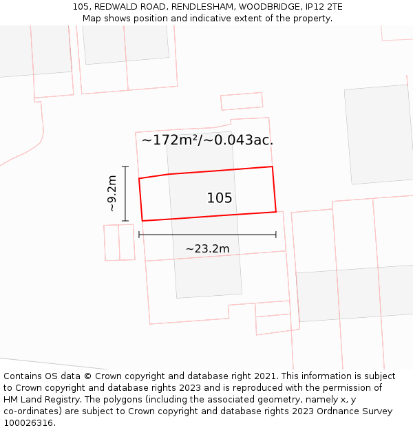 105, REDWALD ROAD, RENDLESHAM, WOODBRIDGE, IP12 2TE: Plot and title map