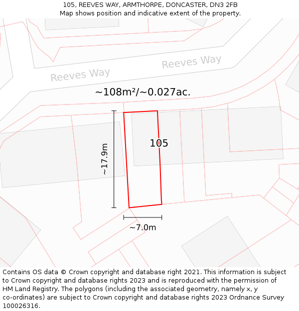 105, REEVES WAY, ARMTHORPE, DONCASTER, DN3 2FB: Plot and title map