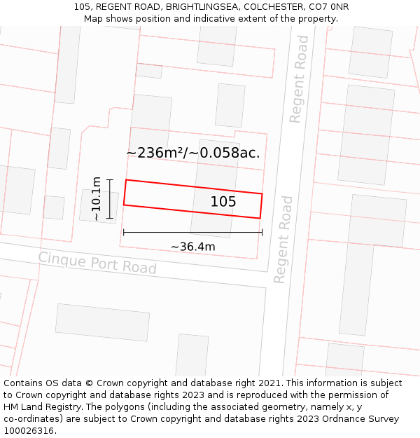 105, REGENT ROAD, BRIGHTLINGSEA, COLCHESTER, CO7 0NR: Plot and title map