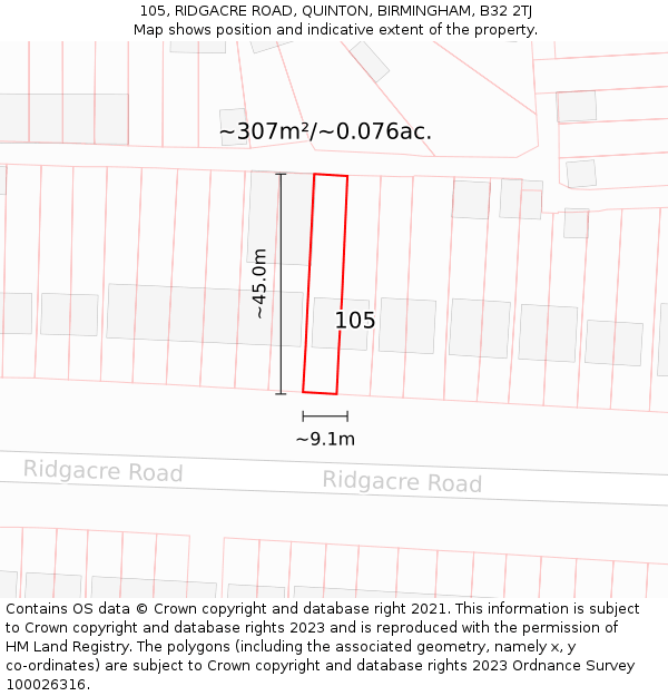 105, RIDGACRE ROAD, QUINTON, BIRMINGHAM, B32 2TJ: Plot and title map