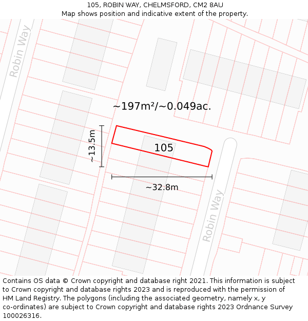 105, ROBIN WAY, CHELMSFORD, CM2 8AU: Plot and title map