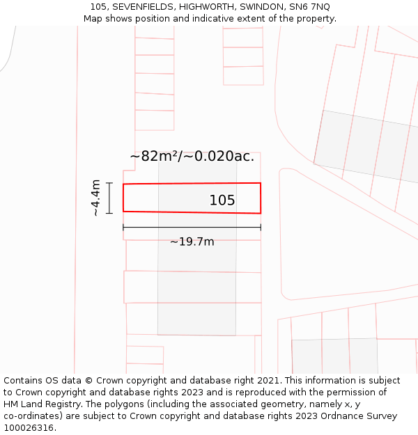 105, SEVENFIELDS, HIGHWORTH, SWINDON, SN6 7NQ: Plot and title map