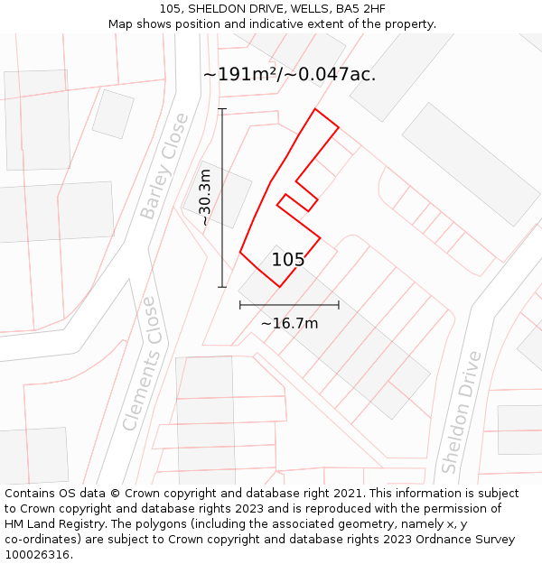 105, SHELDON DRIVE, WELLS, BA5 2HF: Plot and title map