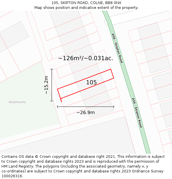 105, SKIPTON ROAD, COLNE, BB8 0NX: Plot and title map