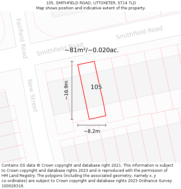 105, SMITHFIELD ROAD, UTTOXETER, ST14 7LD: Plot and title map