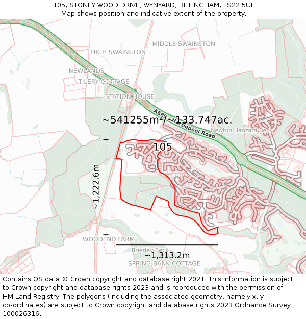 105, STONEY WOOD DRIVE, WYNYARD, BILLINGHAM, TS22 5UE: Plot and title map