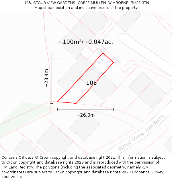 105, STOUR VIEW GARDENS, CORFE MULLEN, WIMBORNE, BH21 3TN: Plot and title map