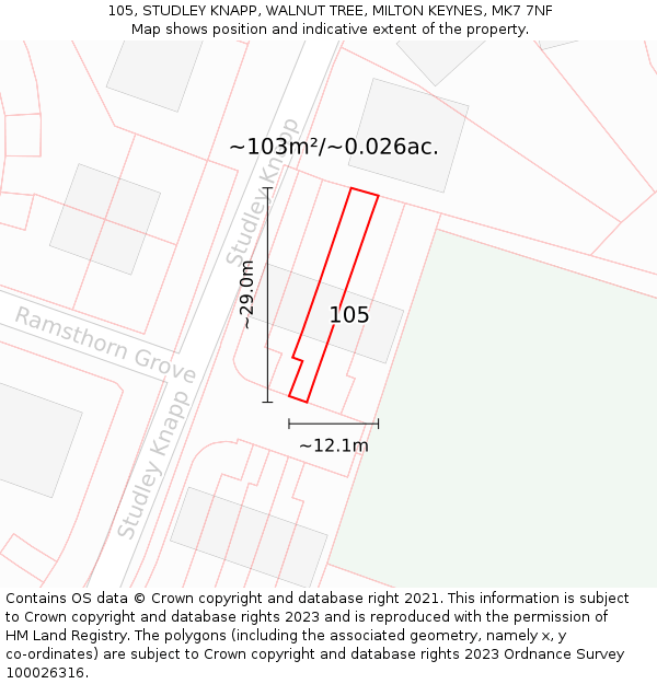 105, STUDLEY KNAPP, WALNUT TREE, MILTON KEYNES, MK7 7NF: Plot and title map