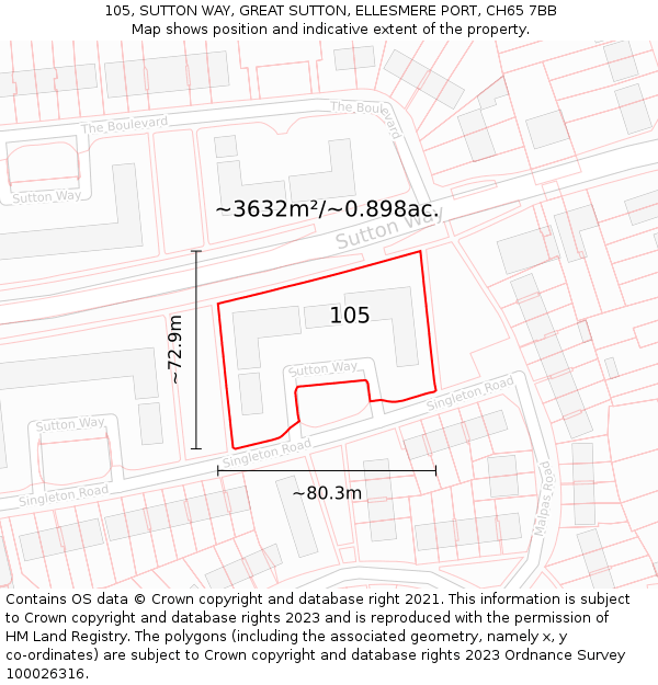 105, SUTTON WAY, GREAT SUTTON, ELLESMERE PORT, CH65 7BB: Plot and title map