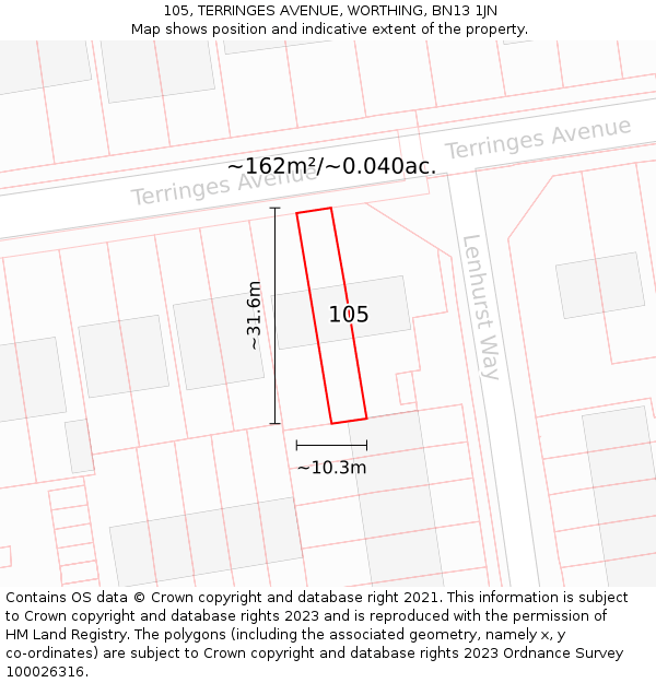 105, TERRINGES AVENUE, WORTHING, BN13 1JN: Plot and title map