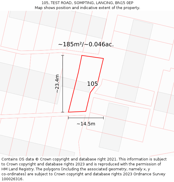 105, TEST ROAD, SOMPTING, LANCING, BN15 0EP: Plot and title map