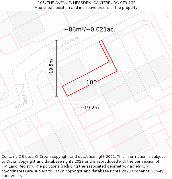 105, THE AVENUE, HERSDEN, CANTERBURY, CT3 4GF: Plot and title map